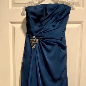 LOVE Strapless Full Length Blue Gown SZ 6 Ruched Front & Back w/Jewel at Waist